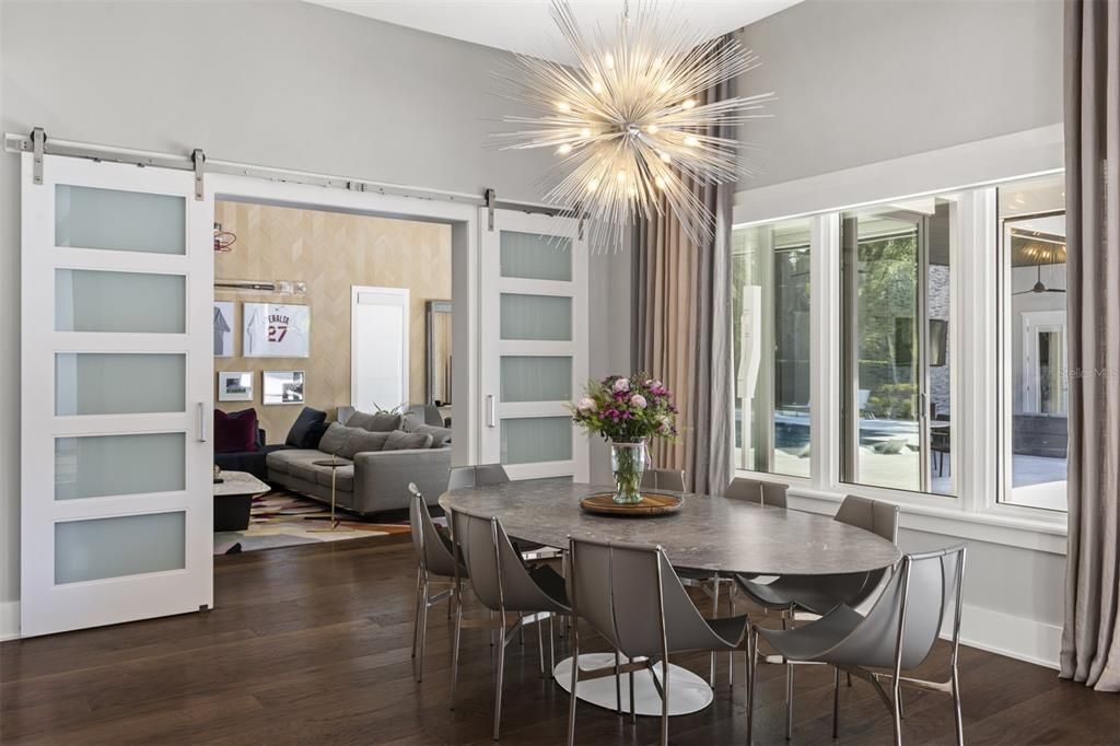 Dining room, Interior, Pendant Lights, Wood Texture Flooring