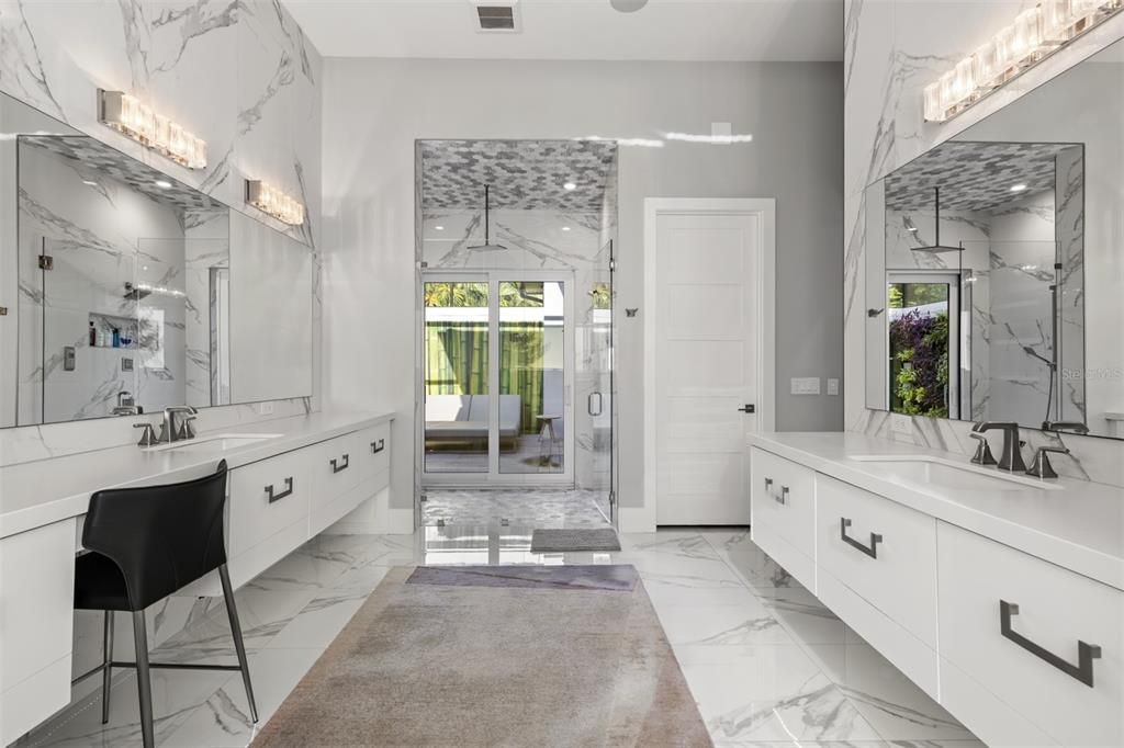 Bathroom, Dual Sink Vanities, Glass Shower, Interior, Marble, Marble Walls