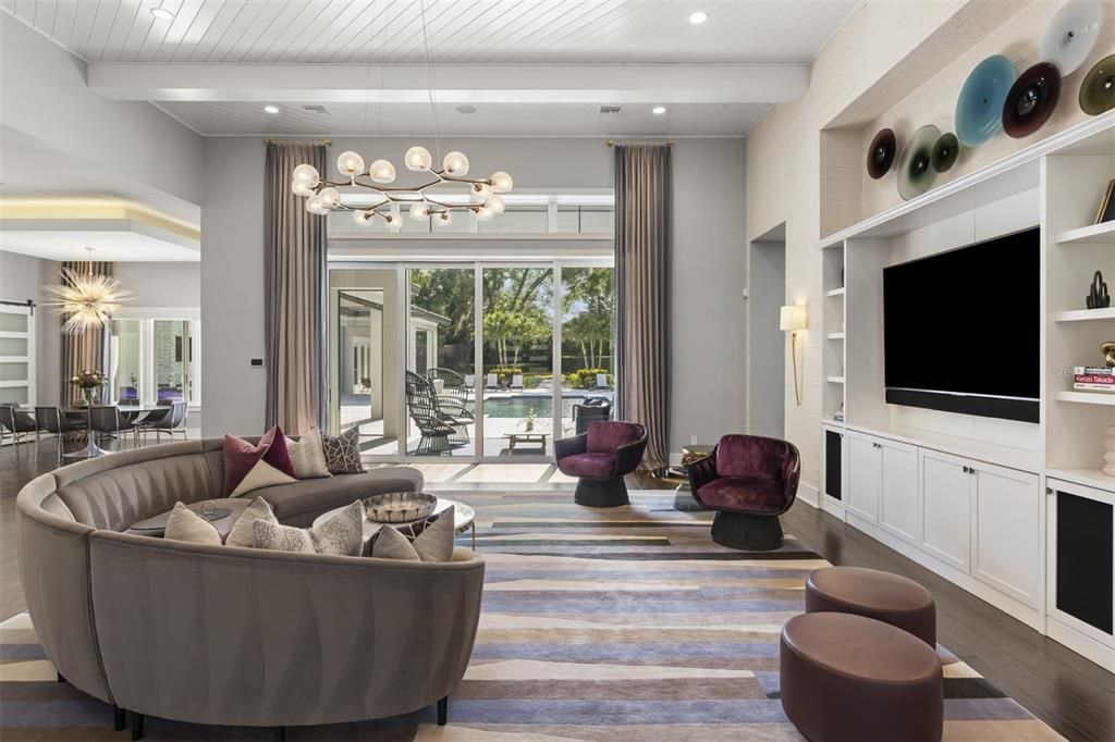 Interior, Living room, Pendant Lights, Recessed Lighting, Wood Texture Flooring