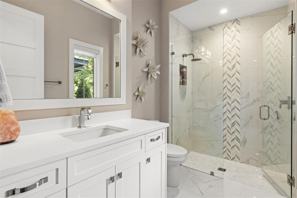 Bathroom, Glass Shower, Interior, Marble, Marble Walls, Recessed Lighting