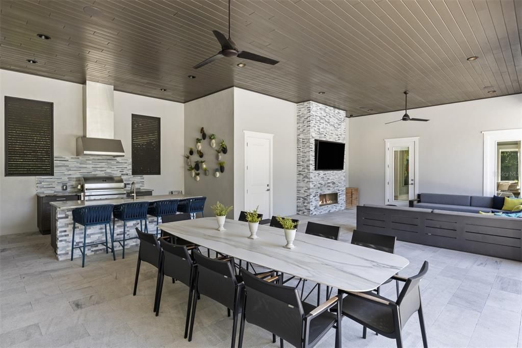 Dining room, Fireplace, Interior, Kitchen, Recessed Lighting, Wooden Ceilings