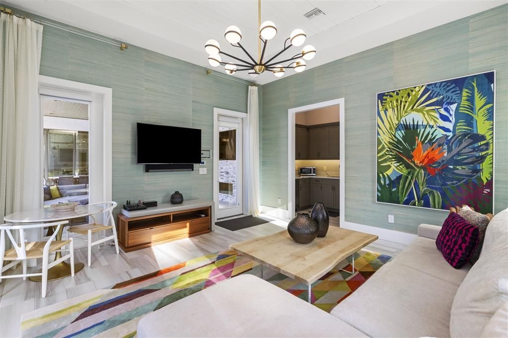 Dining room, Interior, Living room, Pendant Lights, Wood Texture Flooring