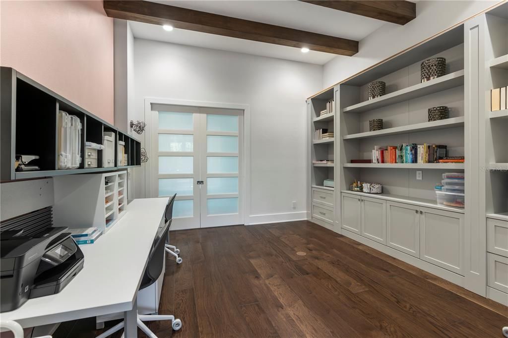 Home Office, Interior, Recessed Lighting, Wooden Beams, Wood Texture Flooring
