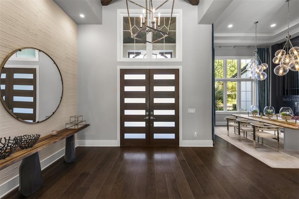 Dining room, Interior, Pendant Lights, Recessed Lighting, Wooden Beams, Wood Texture Flooring