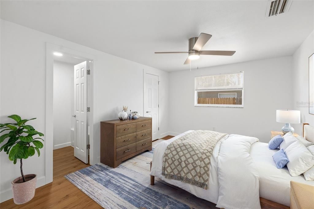 Bedroom, Interior, Recessed Lighting, Wood Texture Flooring