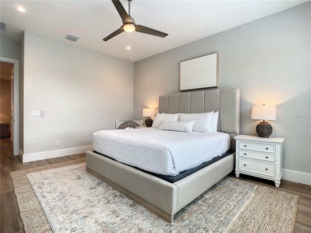 Bedroom, Interior, Recessed Lighting, Wood Texture Flooring