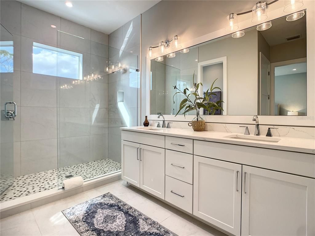 Bathroom, Dual Sink Vanities, Glass Shower, Interior, Recessed Lighting