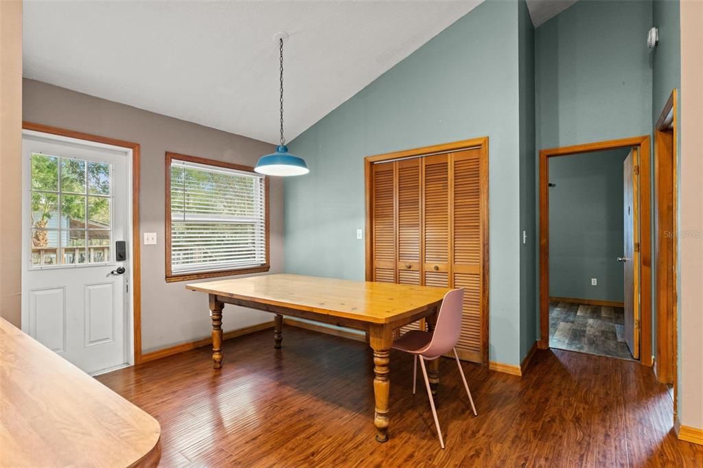 Dining room, Interior, Pendant Lights, Wood Texture Flooring