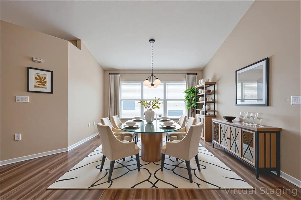 Dining room, Interior, Pendant Lights, Wood Texture Flooring