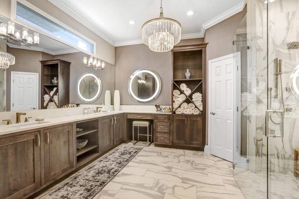 Bathroom, Chandelier, Dual Sink Vanities, Glass Shower, Interior, Marble, Recessed Lighting