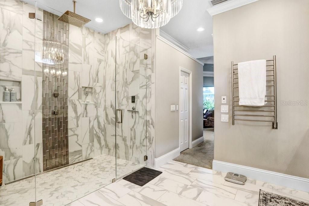 Bathroom, Chandelier, Glass Shower, Interior, Marble, Marble Walls, Recessed Lighting