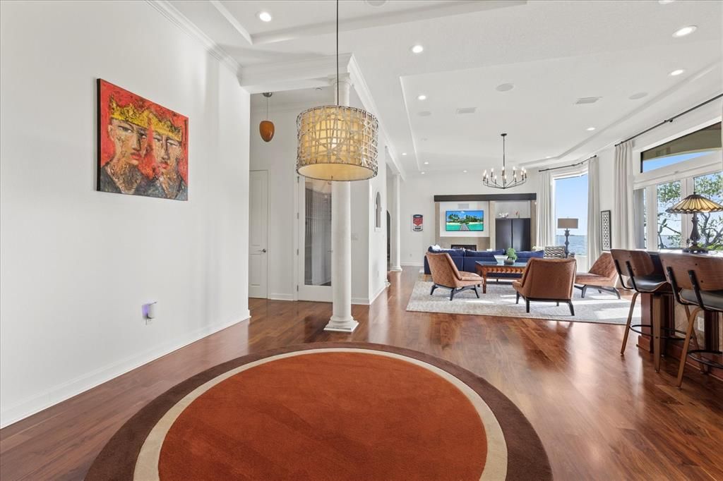 Chandelier, Dining room, Interior, Living room, Pendant Lights, Recessed Lighting, Wood Texture Flooring