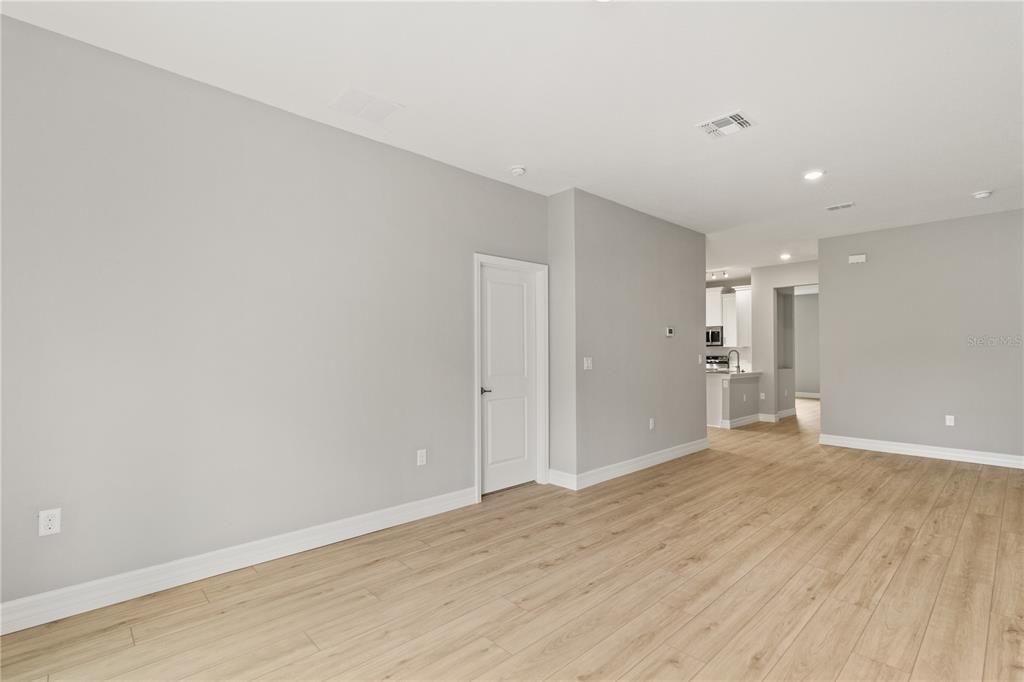 Empty room, Interior, Kitchen, Recessed Lighting, Wood Texture Flooring