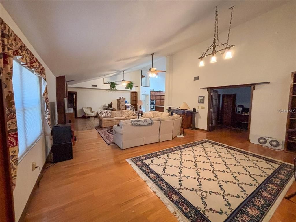 Fireplace, Interior, Living room, Pendant Lights, Wood Texture Flooring