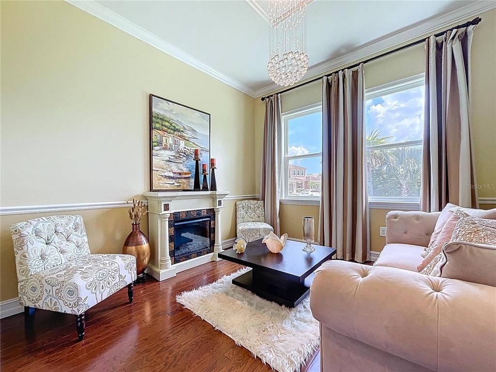 Chandelier, Fireplace, Interior, Living room, Wood Texture Flooring