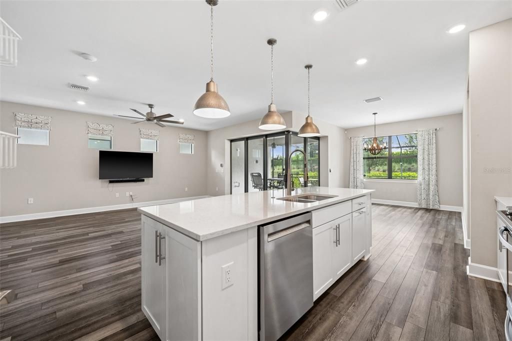 Interior, Kitchen, Pendant Lights, Recessed Lighting, Wood Texture Flooring