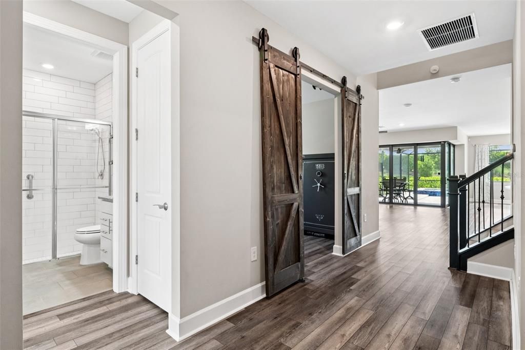 Bathroom, Glass Shower, Interior, Recessed Lighting, Wood Texture Flooring