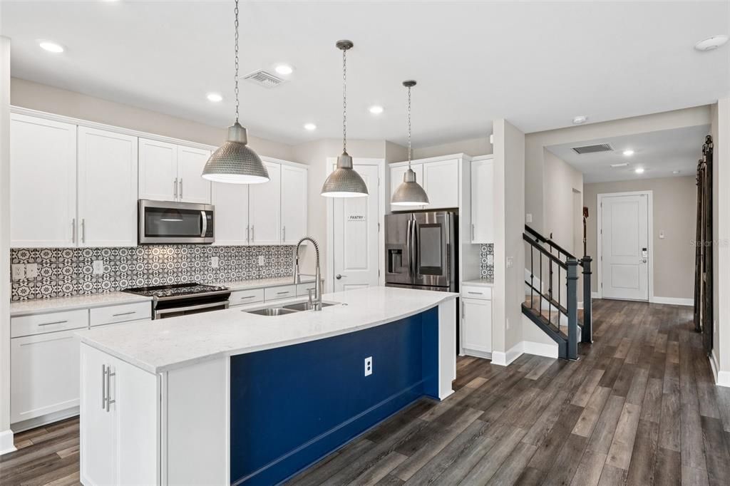 Interior, Kitchen, Pendant Lights, Recessed Lighting, Stainless Steel Appliances, Wood Texture Flooring