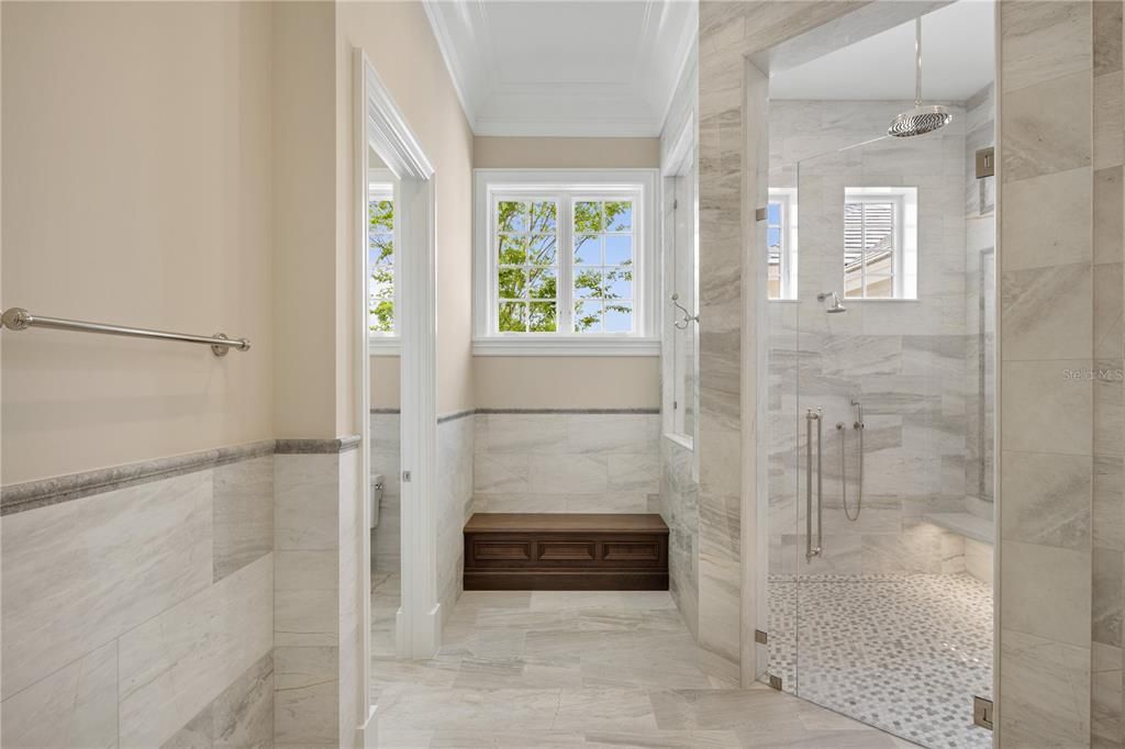 Bathroom, Glass Shower, Interior, Marble Walls, Pendant Lights