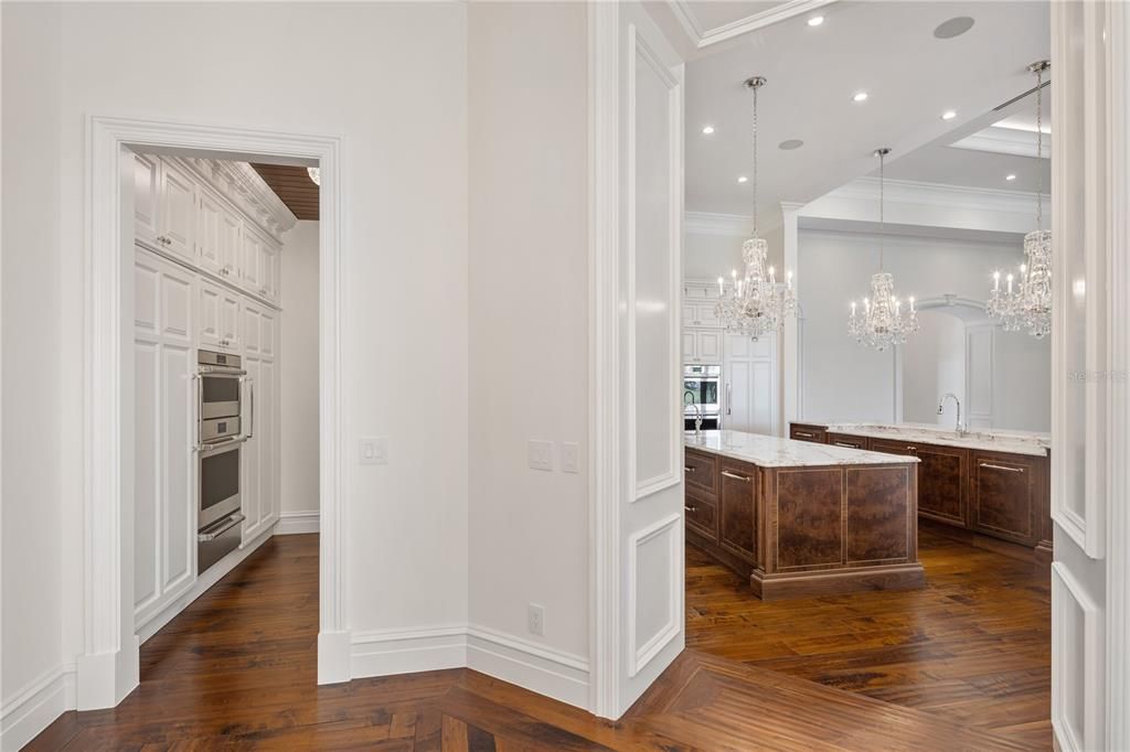 Chandelier, Interior, Kitchen, Pendant Lights, Recessed Lighting, Stainless Steel Appliances, Wood Texture Flooring