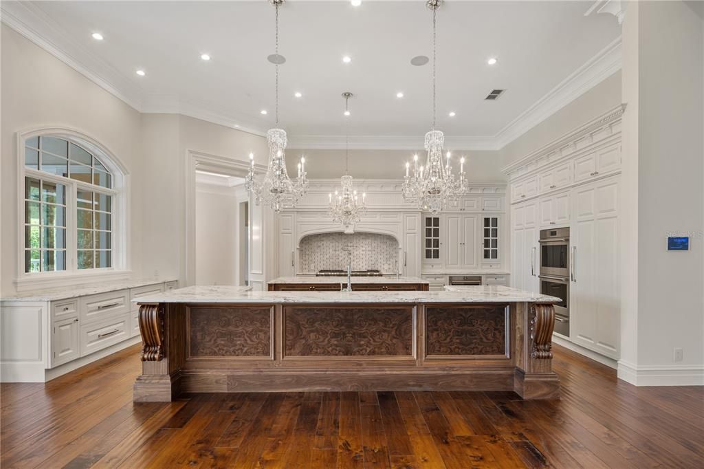 Chandelier, Interior, Kitchen, Recessed Lighting, Stainless Steel Appliances, Wood Texture Flooring