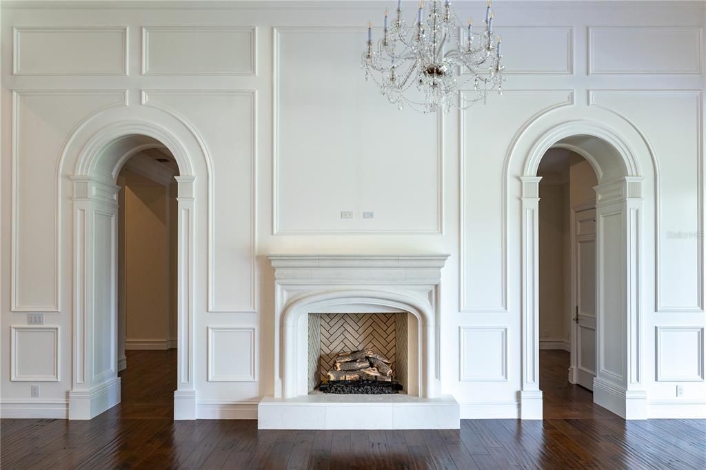 Chandelier, Fireplace, Interior, Wood Texture Flooring