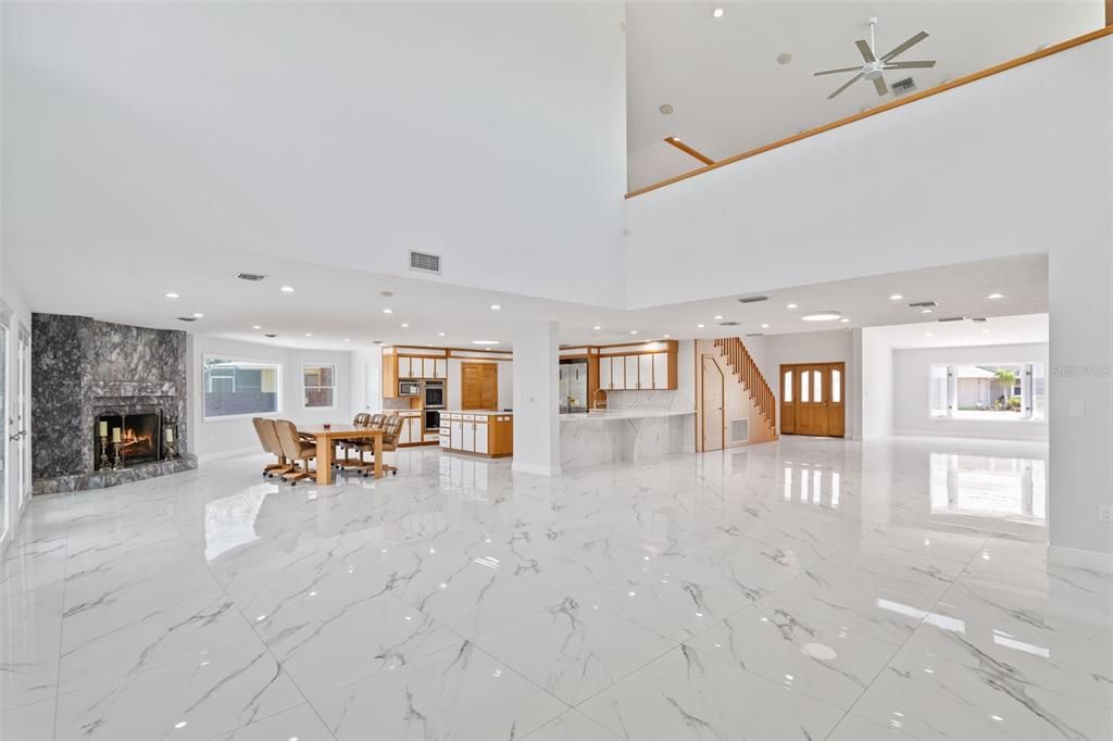 Dining room, Fireplace, Interior, Kitchen, Marble, Recessed Lighting