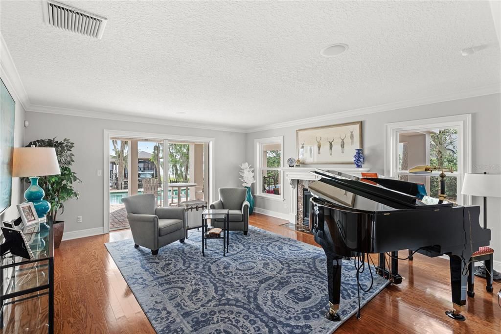 Fireplace, Interior, Living room, Piano, Wood Texture Flooring