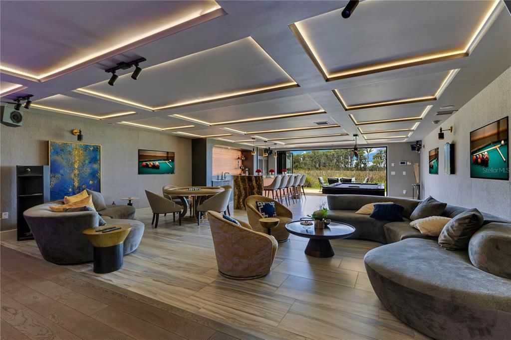 Dining room, Interior, Living room, Recessed Lighting, Wood Texture Flooring