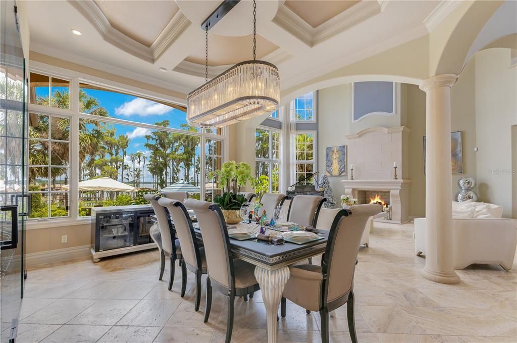 Chandelier, Dining room, Fireplace, Interior, Recessed Lighting