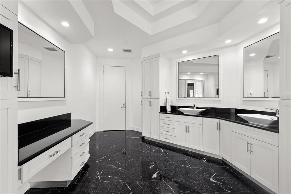 Bathroom, Dual Sink Vanities, Interior, Marble, Recessed Lighting