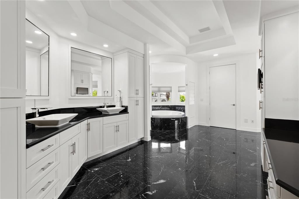 Bathroom, Dual Sink Vanities, Interior, Marble, Recessed Lighting