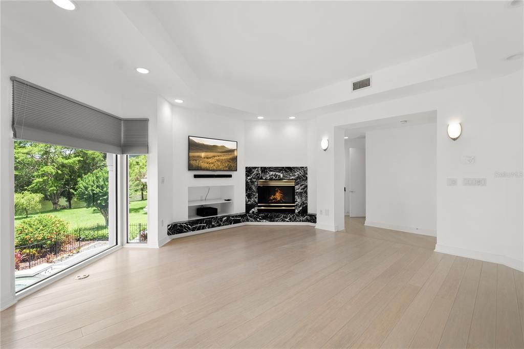 Empty room, Fireplace, Interior, Recessed Lighting, Wood Texture Flooring