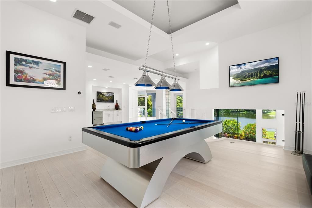 Billiard Table, Game Room, Interior, Pendant Lights, Recessed Lighting, Wood Texture Flooring