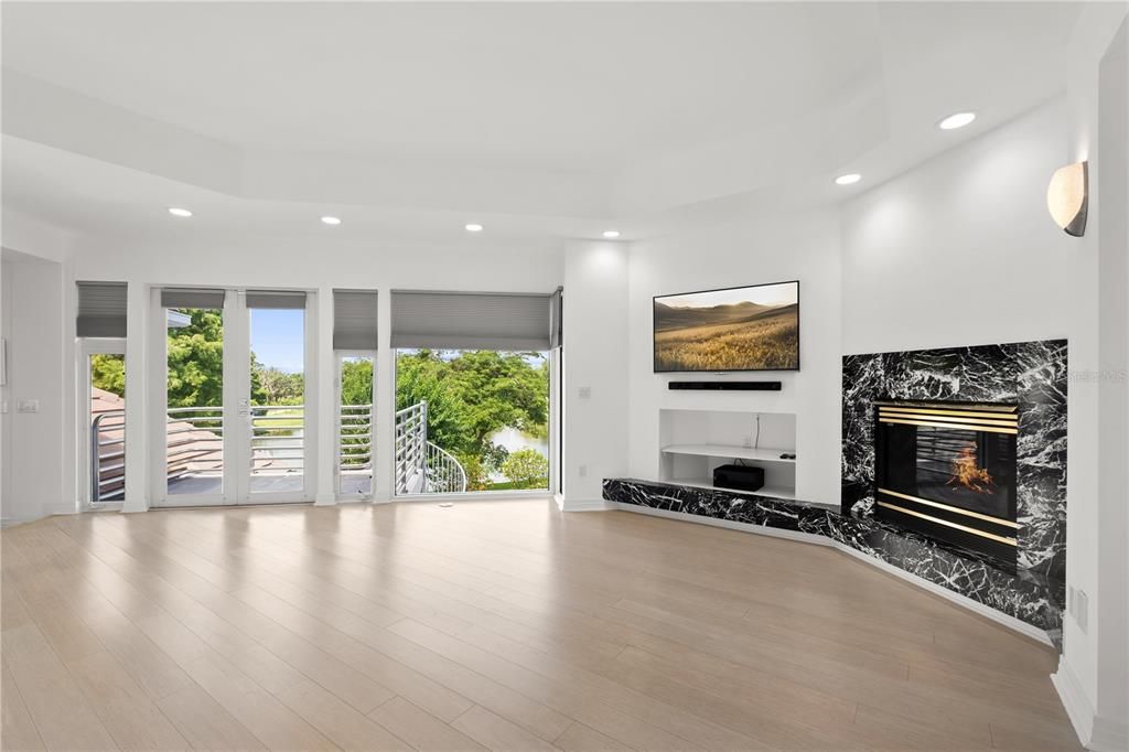 Fireplace, Interior, Recessed Lighting, Wood Texture Flooring