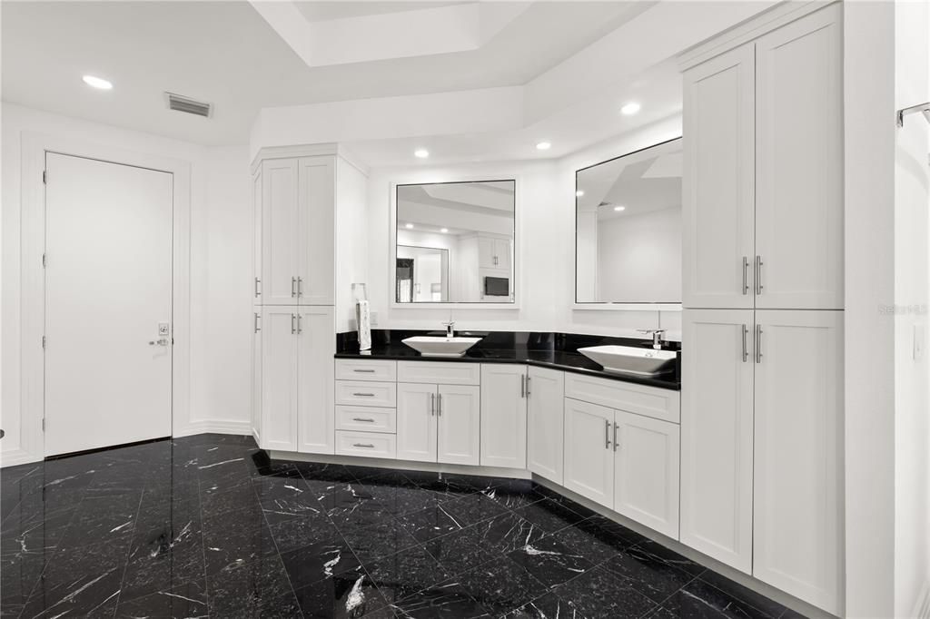 Bathroom, Dual Sink Vanities, Interior, Marble, Recessed Lighting