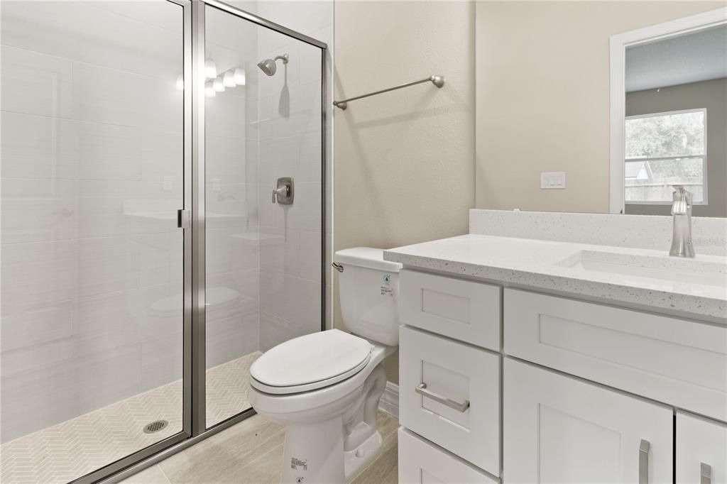 Bathroom, Glass Shower, Interior, Wood Texture Flooring