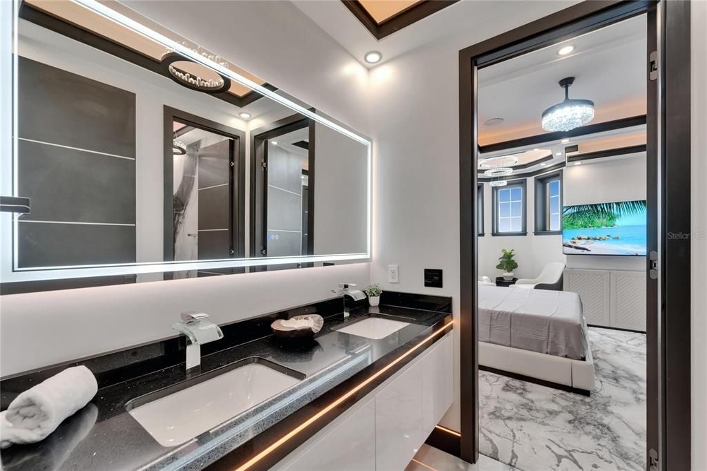 Bathroom, Bedroom, Dual Sink Vanities, Interior, Marble, Recessed Lighting, Water