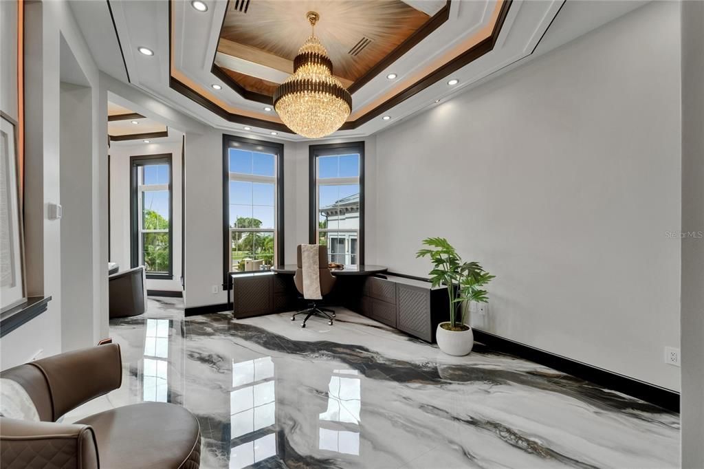 Chandelier, Interior, Marble, Recessed Lighting, Wooden Ceilings