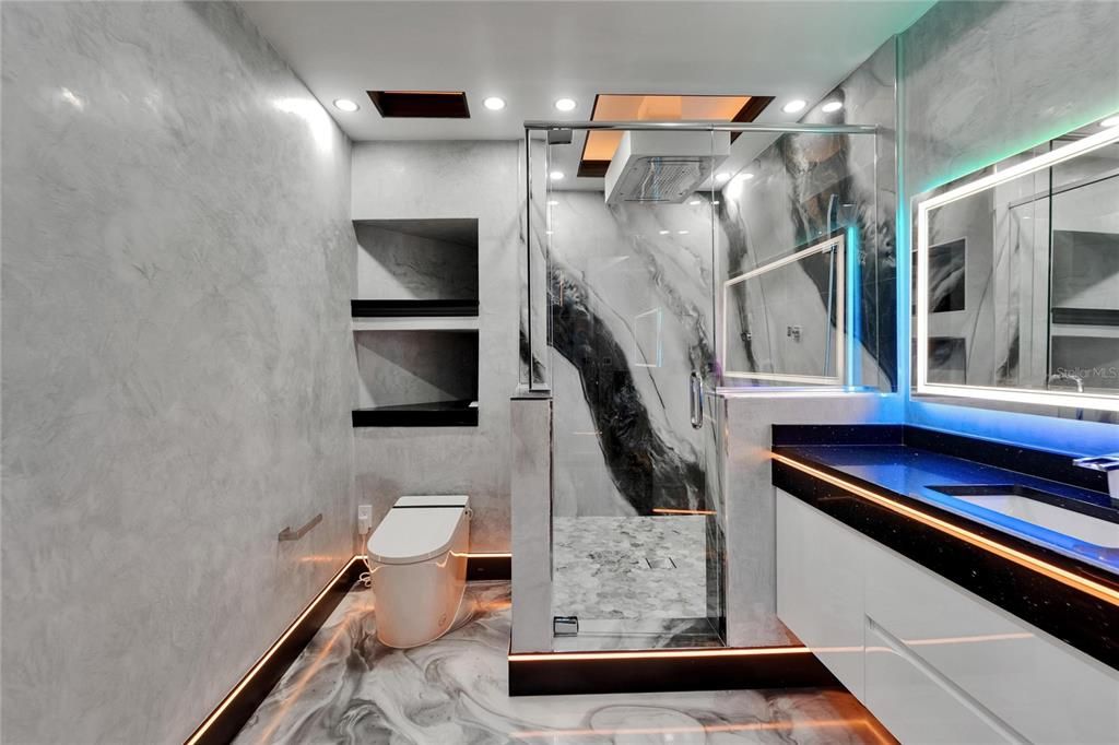 Bathroom, Interior, Marble, Marble Walls, Recessed Lighting