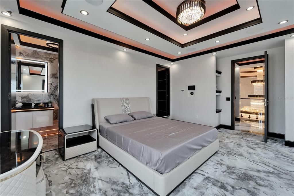 Bedroom, Chandelier, Interior, Marble, Recessed Lighting