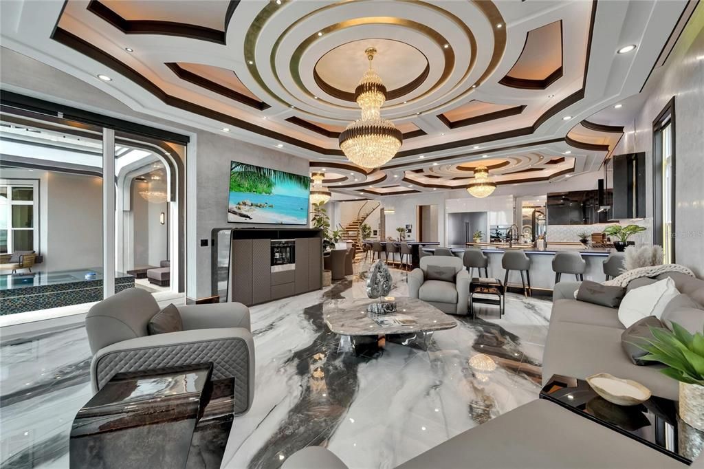 Chandelier, Interior, Living room, Marble, Recessed Lighting