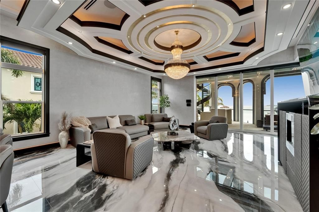 Chandelier, Interior, Living room, Marble, Recessed Lighting
