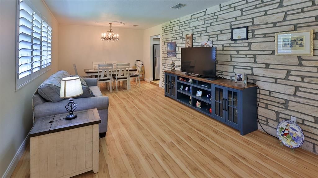 Chandelier, Dining room, Interior, Stone Walls, Wood Texture Flooring