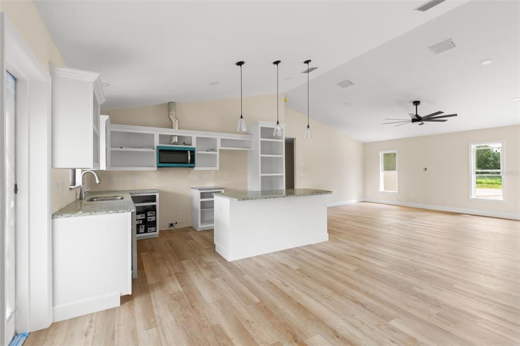 Interior, Kitchen, Pendant Lights, Recessed Lighting, Wood Texture Flooring