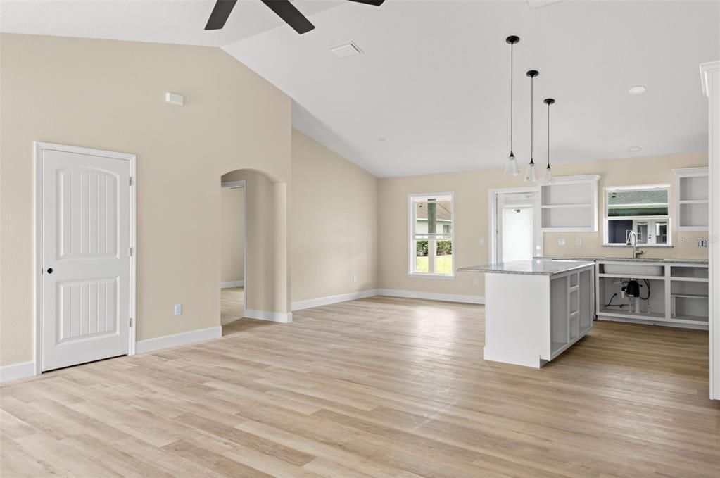 Interior, Kitchen, Pendant Lights, Wood Texture Flooring