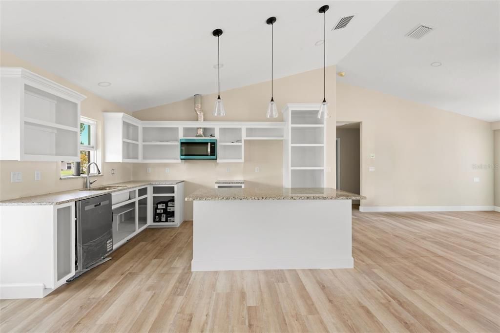 Interior, Kitchen, Pendant Lights, Recessed Lighting, Wood Texture Flooring