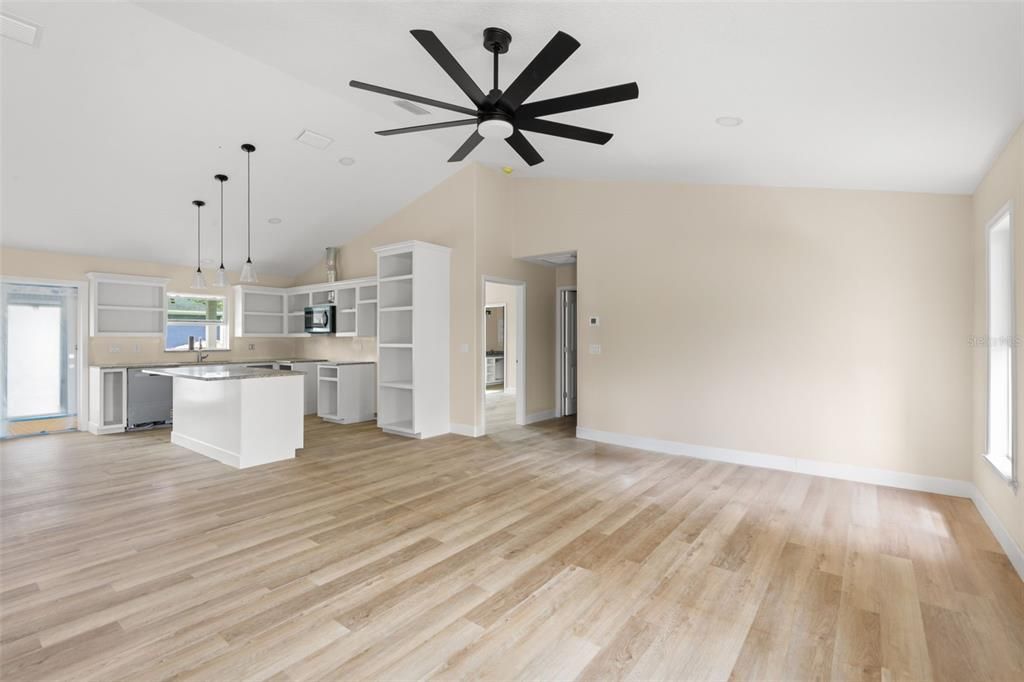 Empty room, Interior, Kitchen, Pendant Lights, Wood Texture Flooring