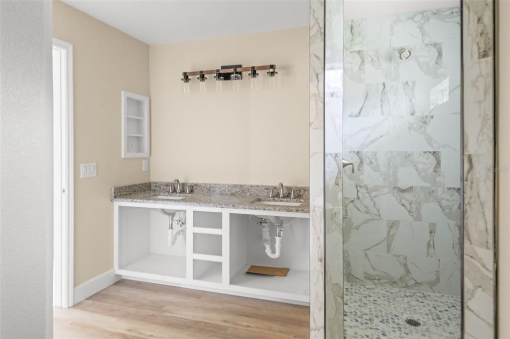 Bathroom, Glass Shower, Interior, Marble Walls, Wood Texture Flooring