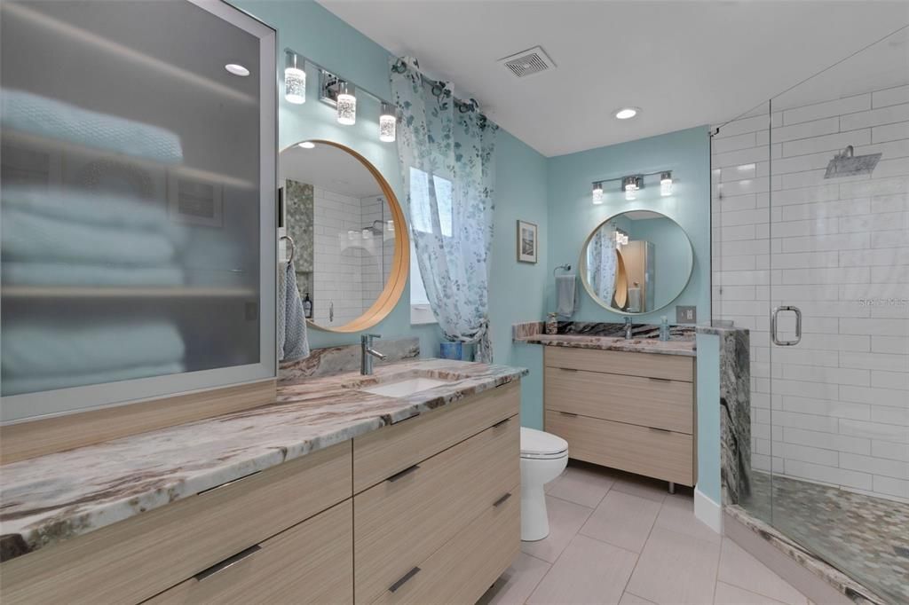 Bathroom, Dual Sink Vanities, Glass Shower, Interior, Recessed Lighting